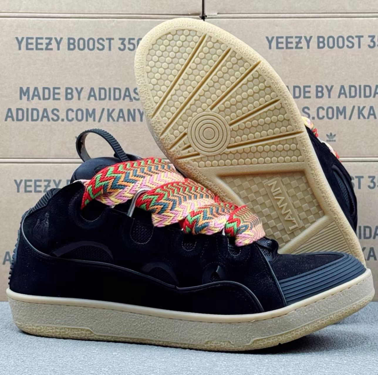 Lanvin Curb Sneakers "Black / Rainbow Chevron Laces"