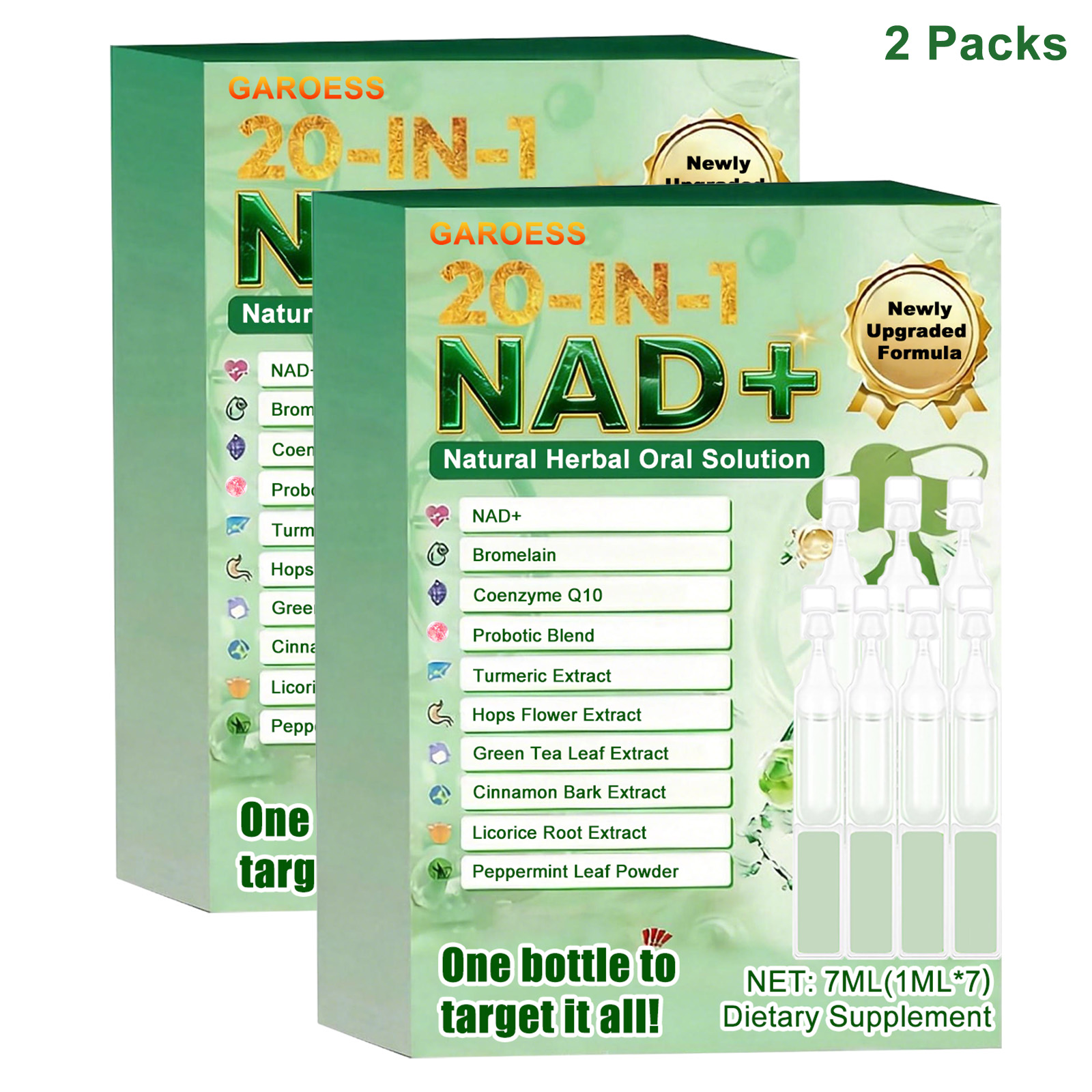 Upgrade Edition 20-in-1 NAD+ Oral Liquid - Natural Liquid Herbal Supplement, Contains NAD+, Moringa Leaf, Green Tea, Probiotics, Magnesium, Collagen Peptides, Concentrated Essence, Easily Absorption, Individually Packaged