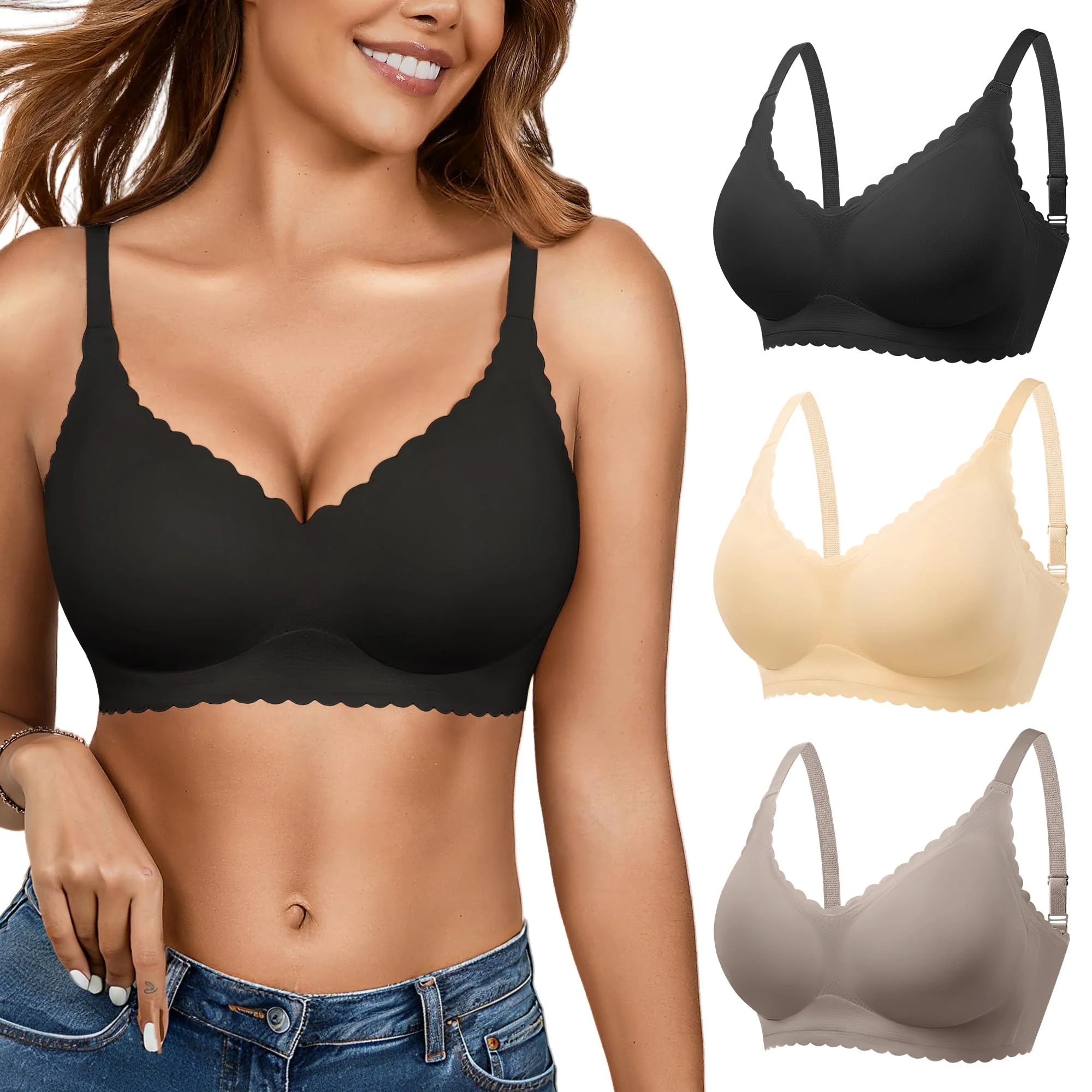 Wireless Seamless Bras for Women with Support - No Wire Push Up Womens Bra - No Underwire Padded Comfort Bralettes Breast Lift for Back Fat - Coverage Comfortable Bralette Wirefree 3 Pack(3P1,M)