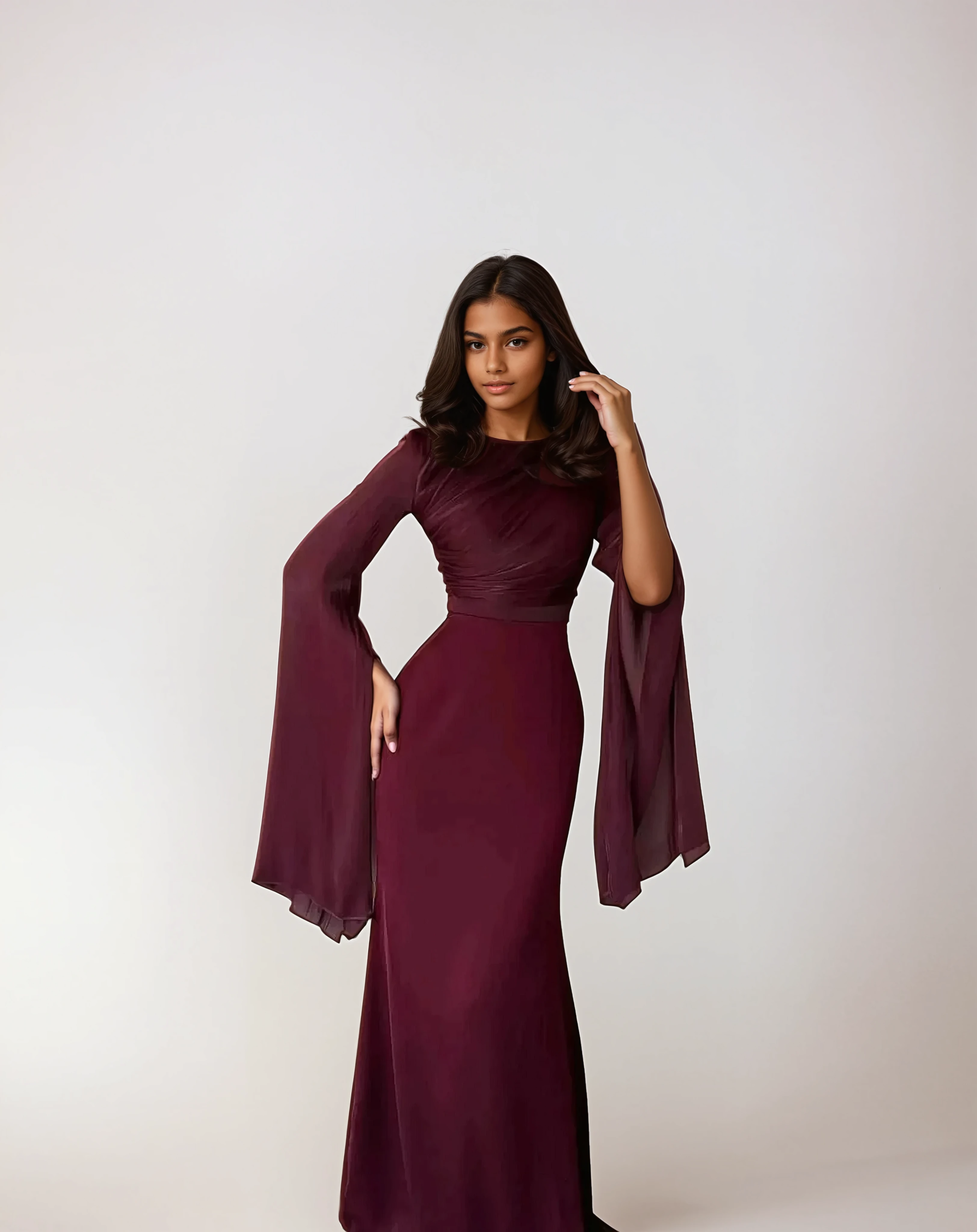 Burgundy Satin Maxi Evening Dress – Modest Fit with Split Sleeve Detail