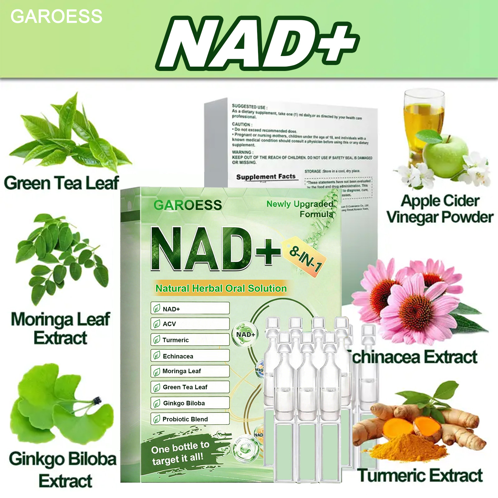 High Potency Formula 8 in 1 NAD+ACV Health Oral Liquid Solution - Rich in NAD, Apple Cider Vinegar, Moringa Leaf, Green Tea Extract, Probiotics, Magnesium, Easily Absorption, Portable & Convenient