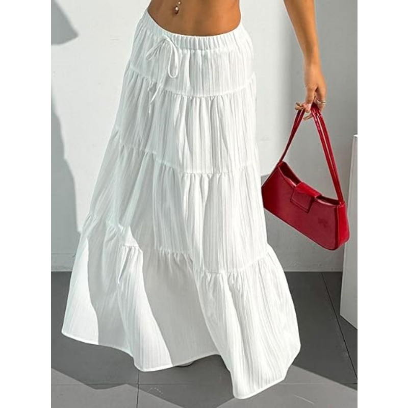 Women's Boho Flowy White High Waist Maxi Skirt with Ruffle & Elastic Waist