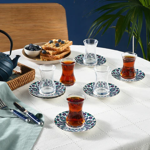 Service à thé turc Karaca Edirne 12 pièces en Bone China pour 6 personnes, 130 ml, Multicolore
