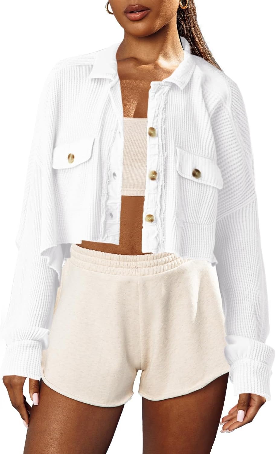 Panadila Women's Cropped Waffle Knit Shacket Short Button Down Jacket Batwing Sleeve Shirts with Pocket