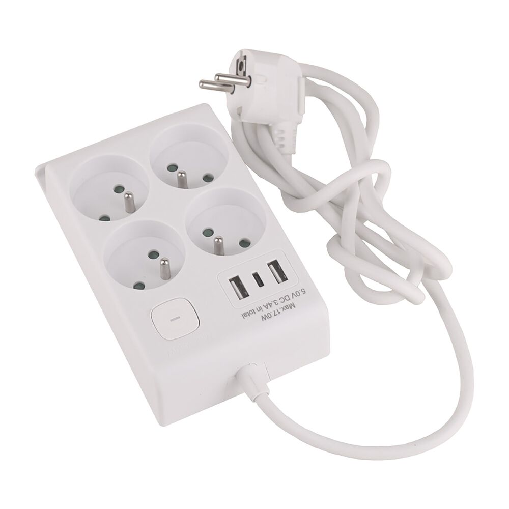 HYKKER Listwa zasilająca z wyłącznikiem Hykker, 4 gniazda, 2 x USB-A, USB-C, biała