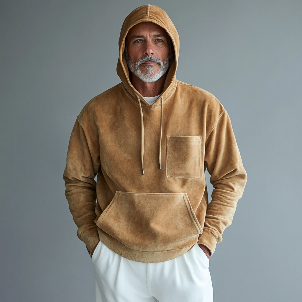 Men's Suede Chest Pocket Long Sleeve Drawstring Casual Hoodie