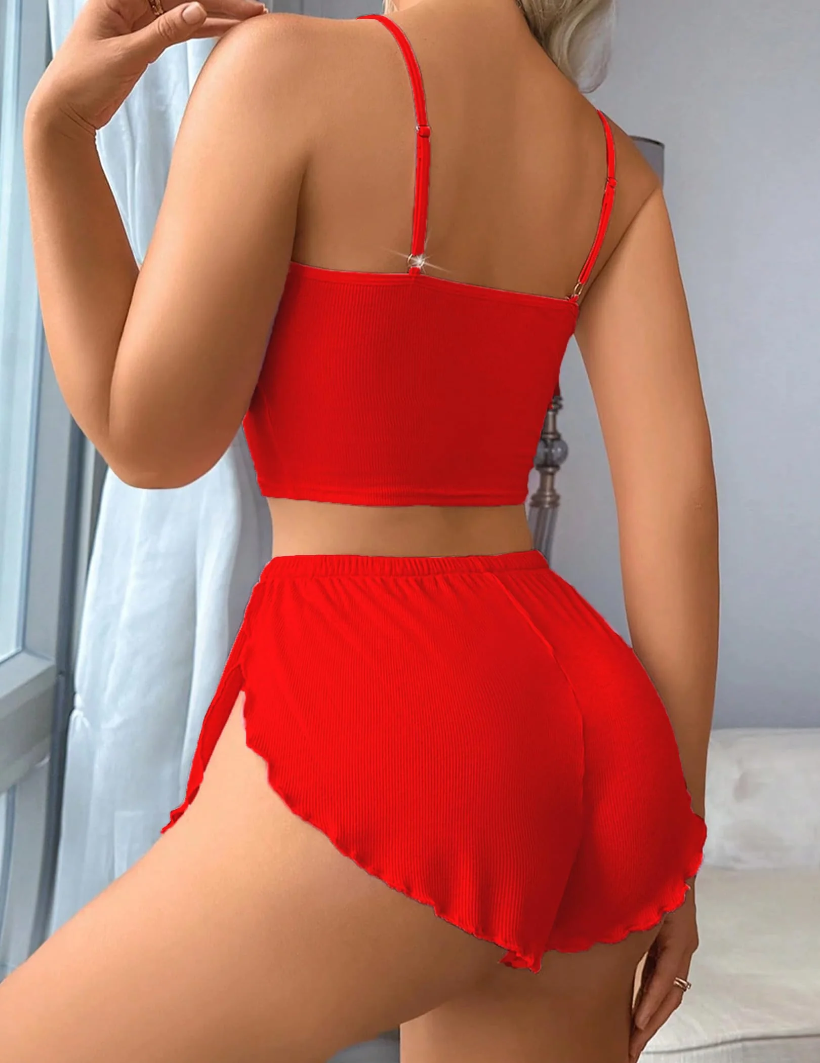 Women's Pajama Sets 2 Piece PJ Sets for Women Sleepwear Ribbed Pajama Side Slit Nightwear Lingerie Red X-Large