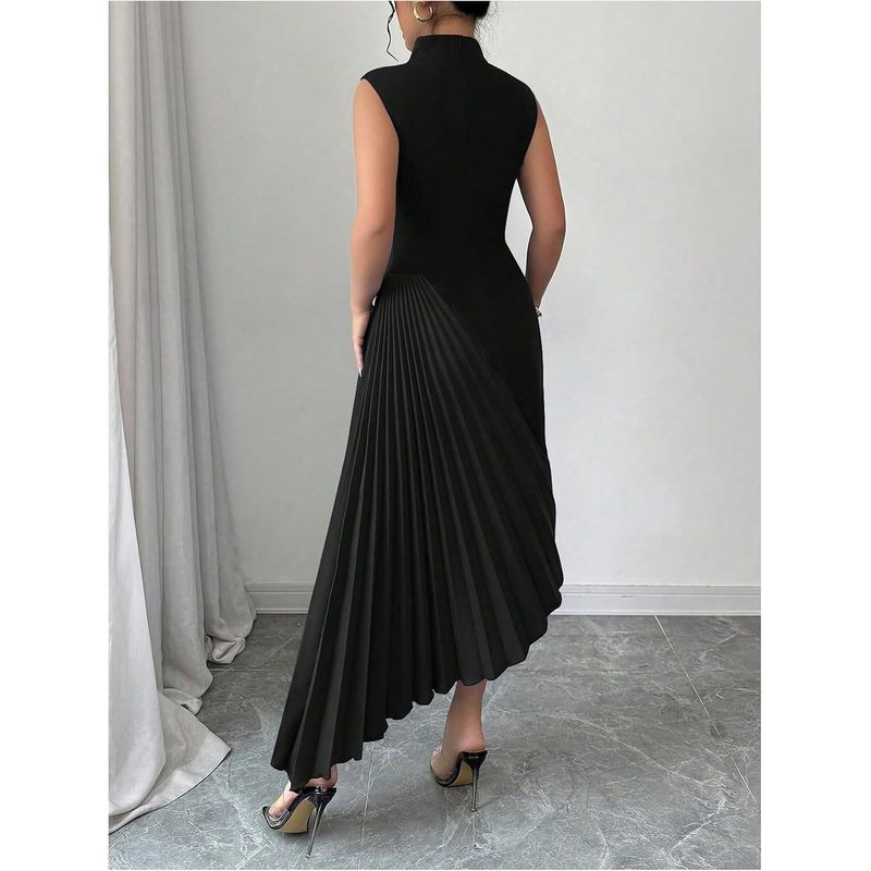 Women's Pleated Maxi Dress Elegant Mock