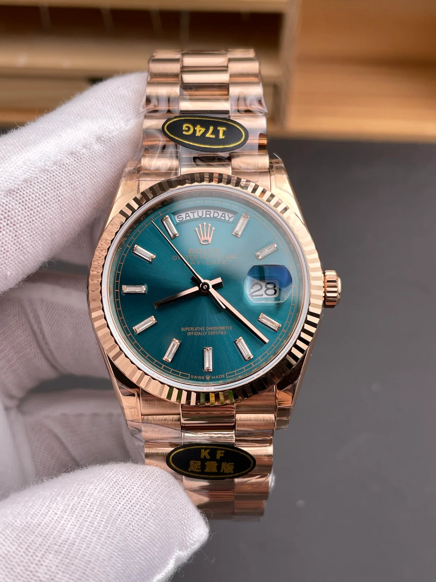 Rose Gold Blue-Green Dial Day-Date