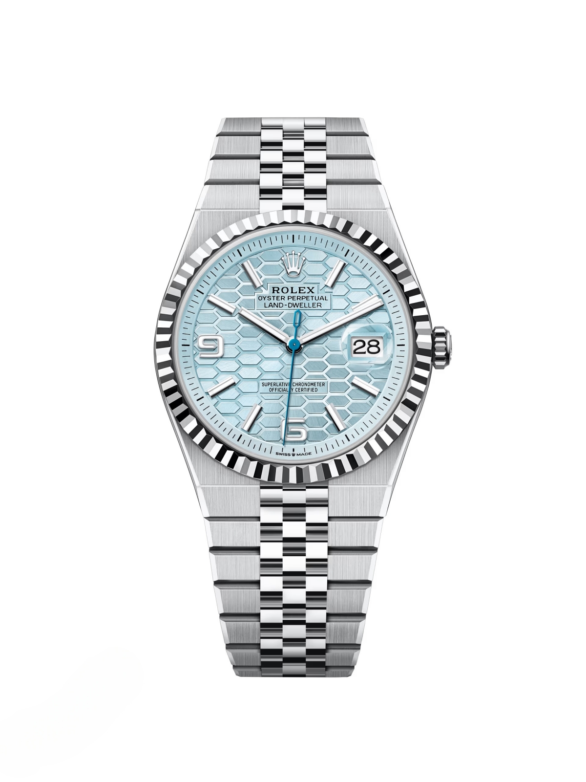 [2026 Mirror Grade]RLX Land-Dweller 127336-0001 Blue Honeycomb Dial Platinum Jubilee Bracelet 40mm