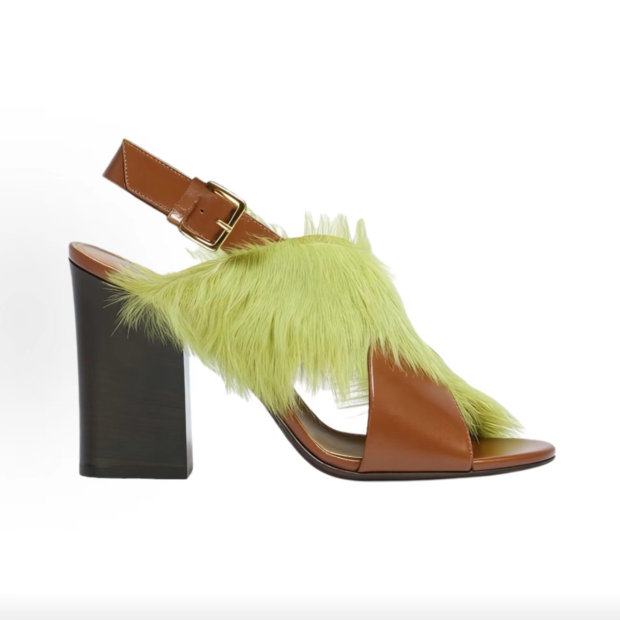 Marni Lime Green Haircalf Brown Leather Block Heel Slingback Sandals