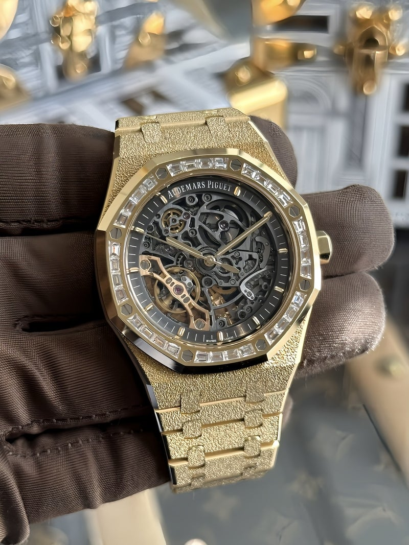 [2026 Mirror Grade]Audemars Piguet Royal Oak 154120R Skeleton Dial, 18K Rose Gold Plated with Rectangular Moissanite Bezel, 1:1  Replica, 41mm