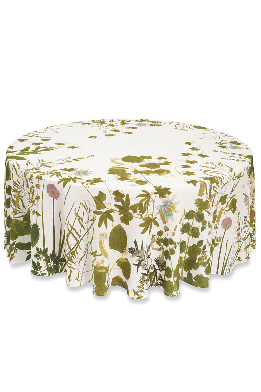 Herb Garden Round Linen Tablecloth – 102 Inch Botanical Print Dining Cover