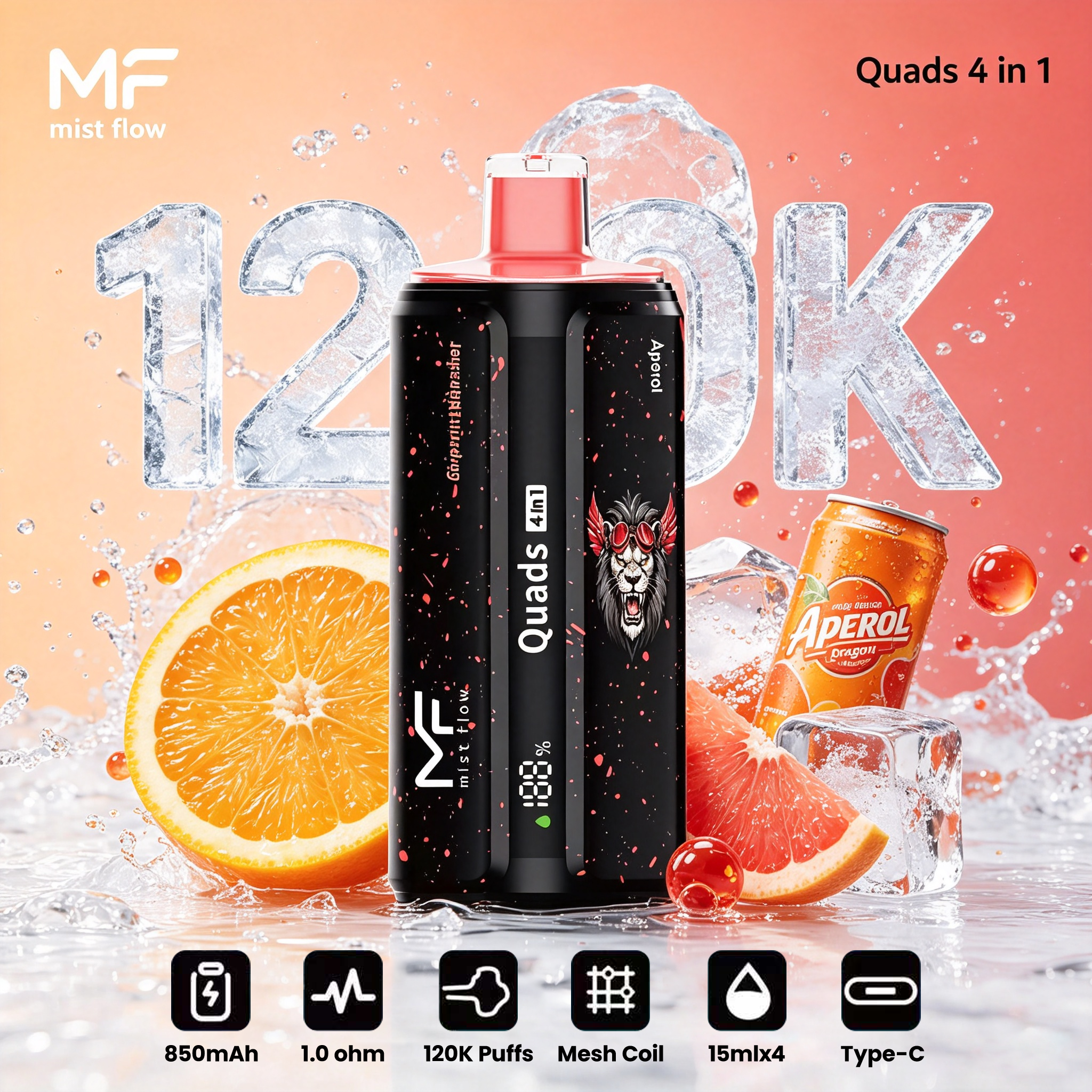 Mist Flow：Quads 4 w 1 - Jager Red Energy & Aperol & Grapefruit Refresher & Orange Dragon