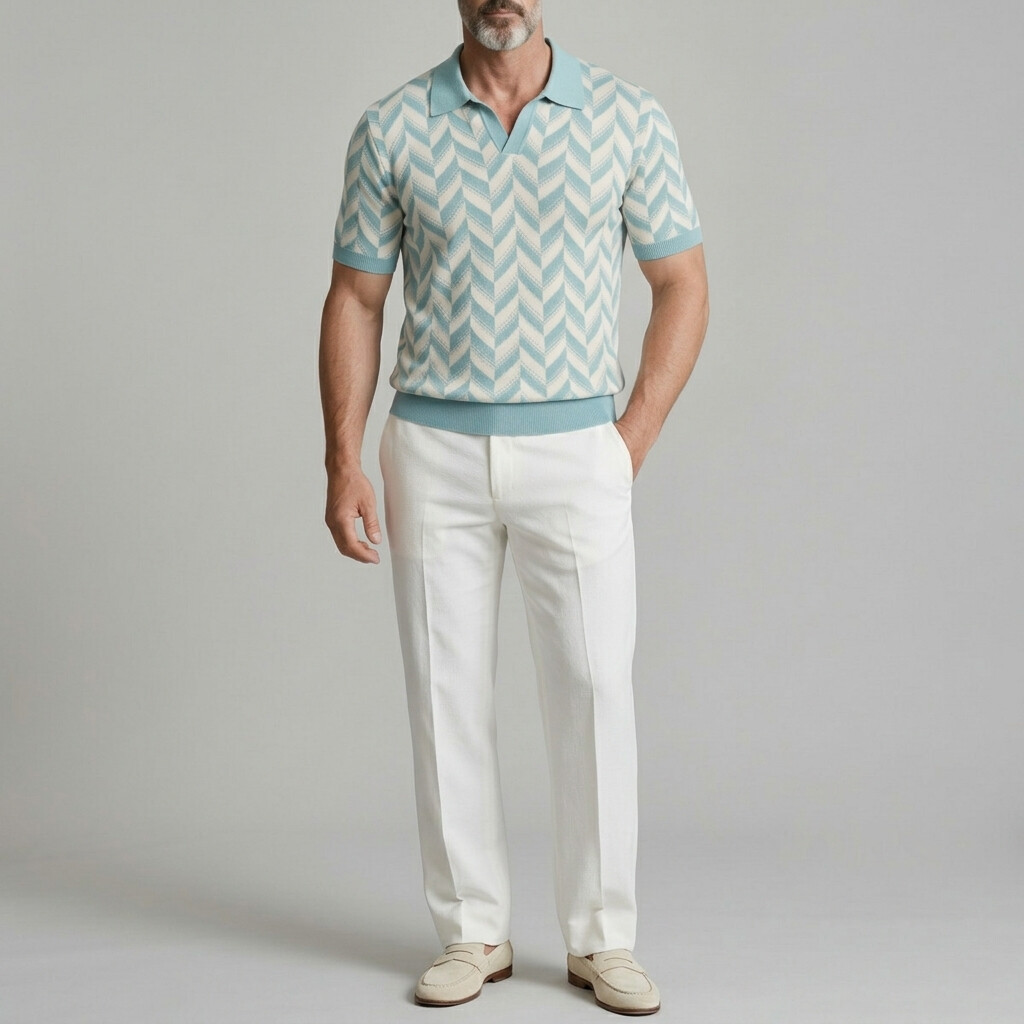 Men's Casual Geometric Pattern Jacquard Knit Polo Shirt