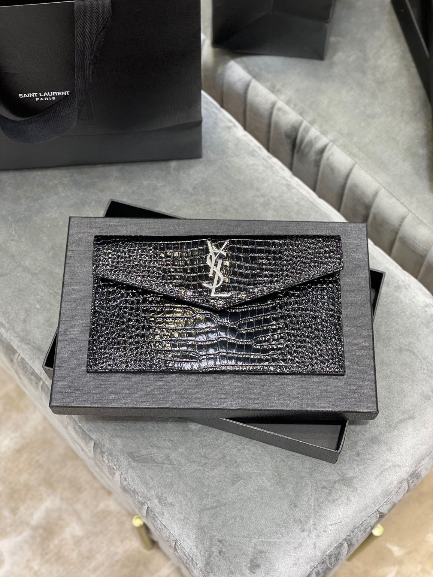 SAINT LAURENT Uptown  POUCH IN CROCODILE-EMBOSSED SHINY LEATHER BLACK-Silver hardware - Bag