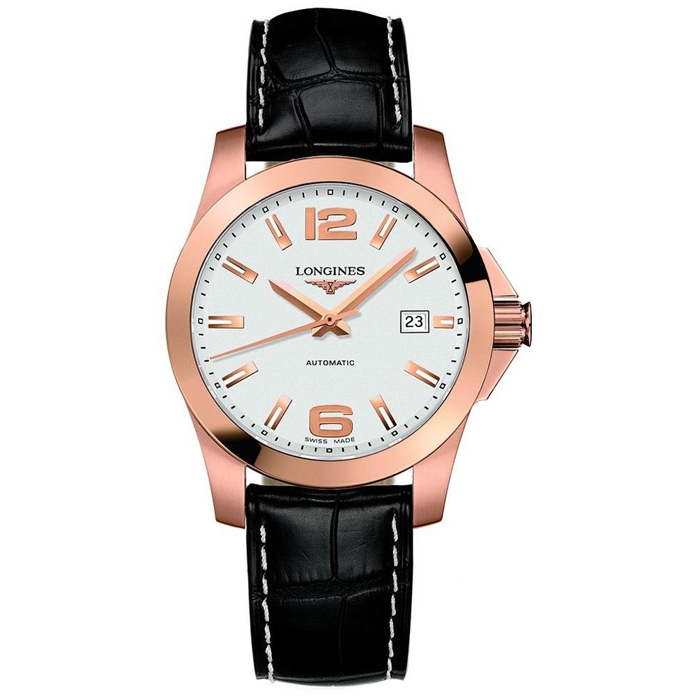 [2026 Mirror Grade]Longines Men's L36768763 Conquest 18kt Rose Gold Automatic Black Leather Watch