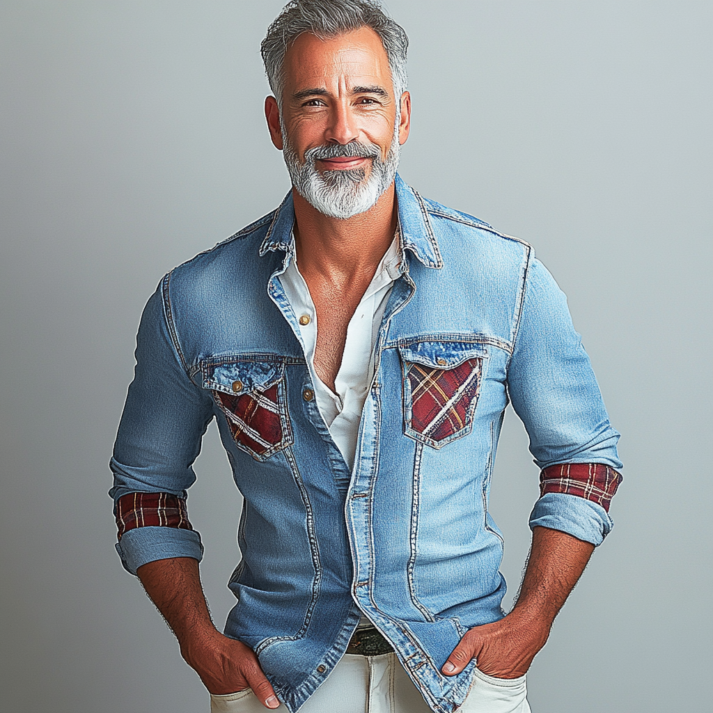 Men's Casual Plaid Patchwork Chest Pocket Buttons Long Sleeve Denim Shirt