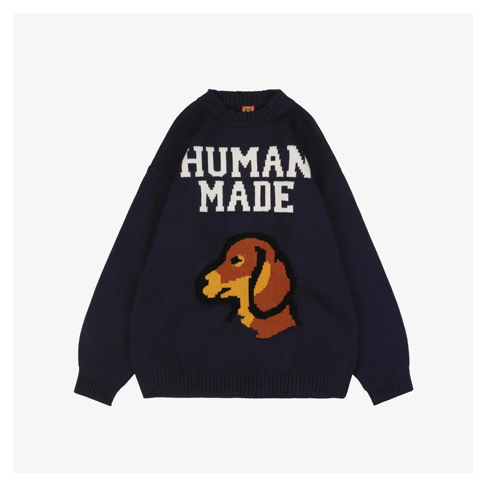 Human Made Dog Graphic Jacquard Crewneck Knit Sweater (White/Navy)