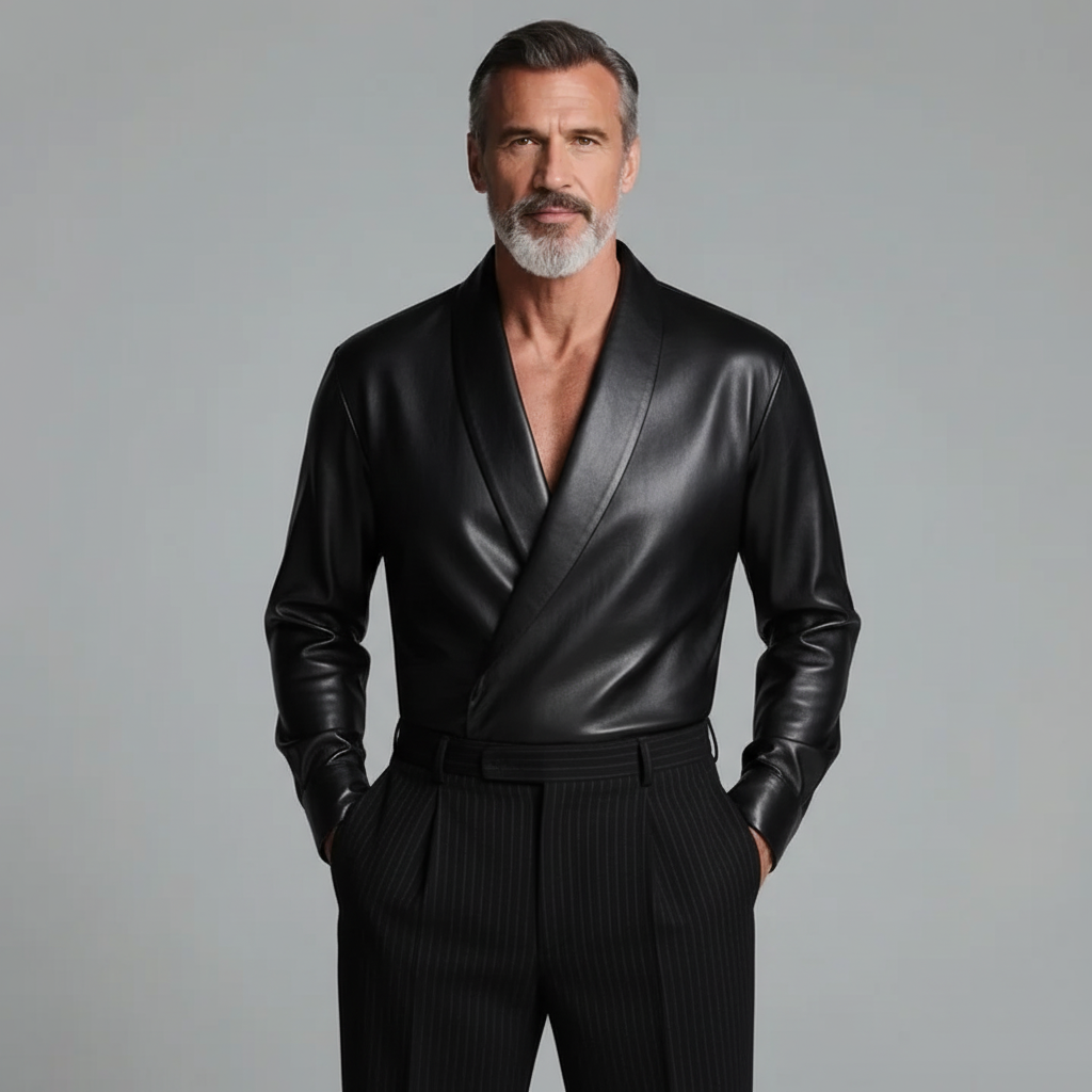 Men's Black PU Leather Shawl Lapel Wrap Long Sleeve Shirt