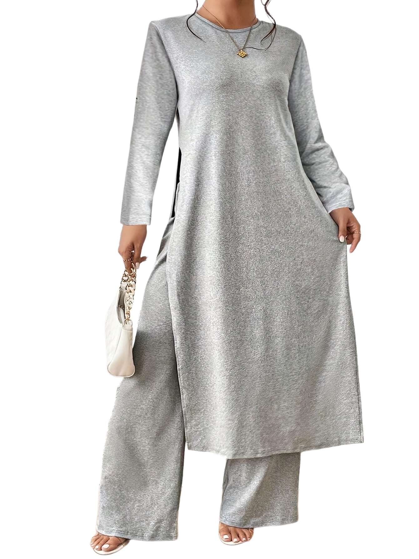 Plus Size Solid Color Long Sleeve Crew Neck Longline Top & Straight Leg Pants Set, Elegant Outfits