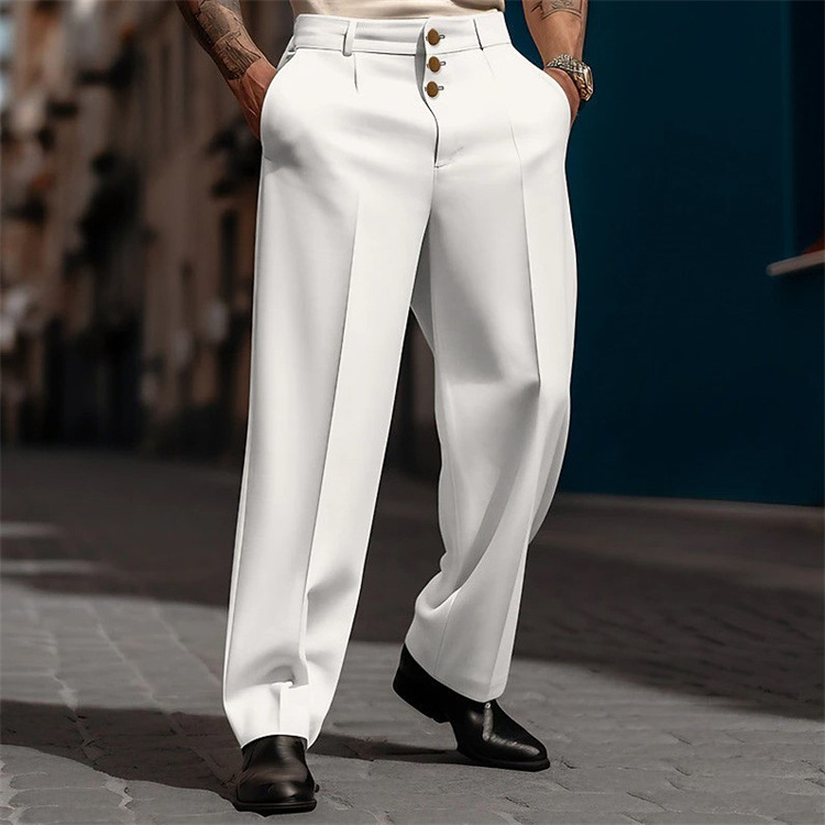 Business Solid Three Button Pockets Straight Leg Suit Pants