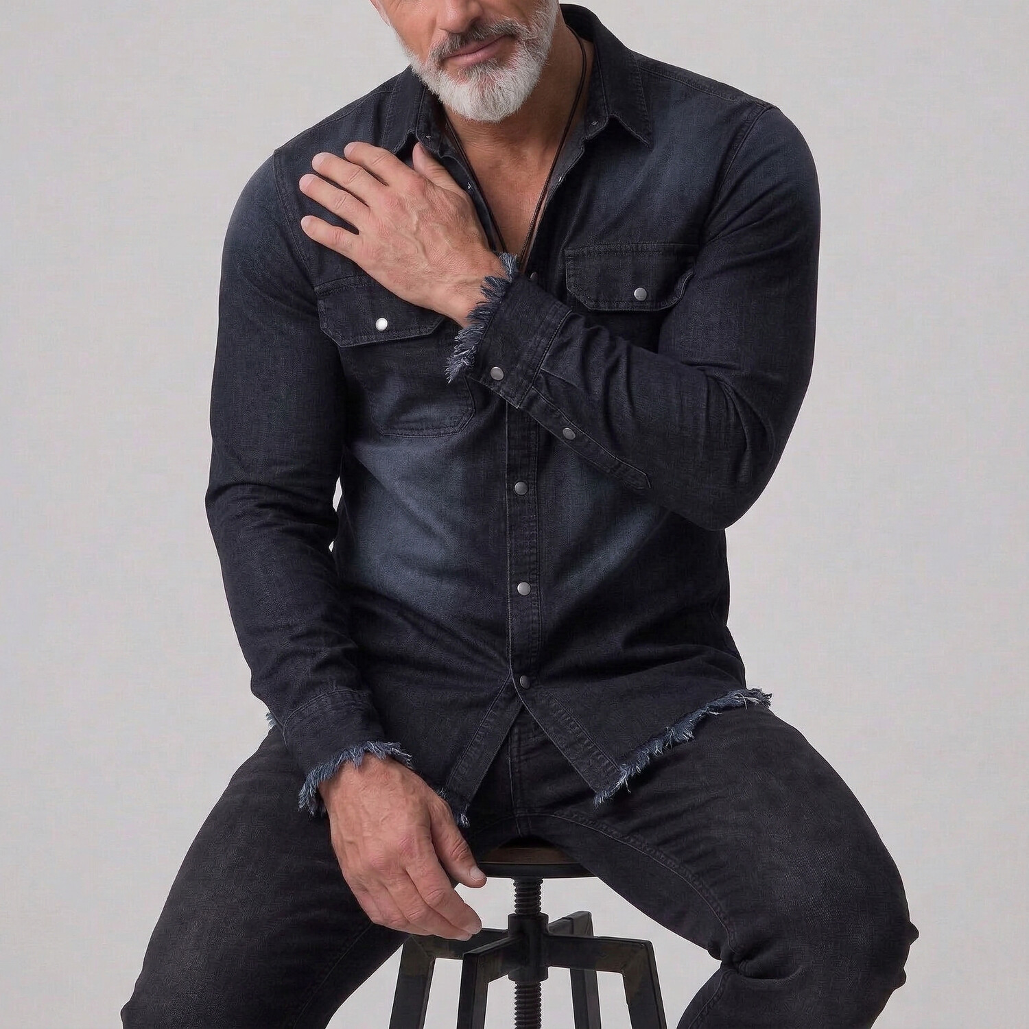 Men's Western Distressed Denim Raw Hem Single Breasted Long Sleeve Shirt