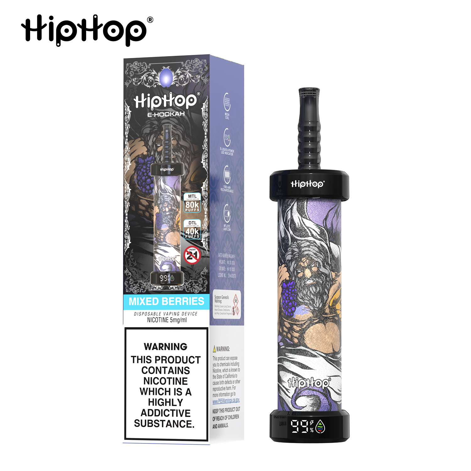 HIPHOP 80k Puffs Prefilled Hookah Vape |  Rechargeable