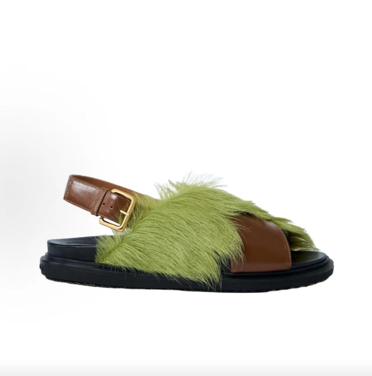 Marni Lime Green Haircalf Brown Leather Slingback Platform Sandals