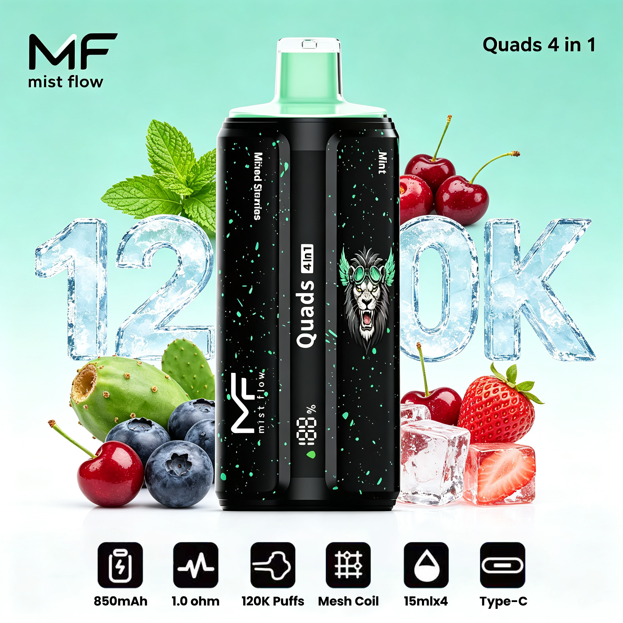 Mist Flow：Quads 4 w 1 - Popularny polski produkt, najtańszy modny produkt online, cztery smaki, 120 000 kawałków!