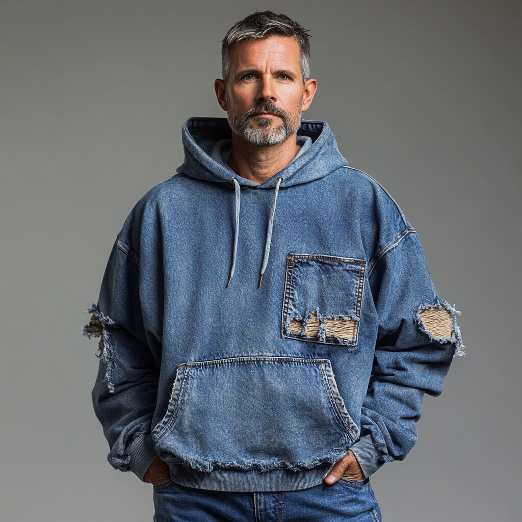 Men's Street Pocket Ripped Drawstring Denim Hoodie