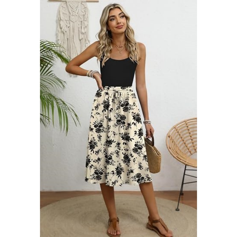 Women's Pleated Elastic High Waist Midi Skirt with Pockets