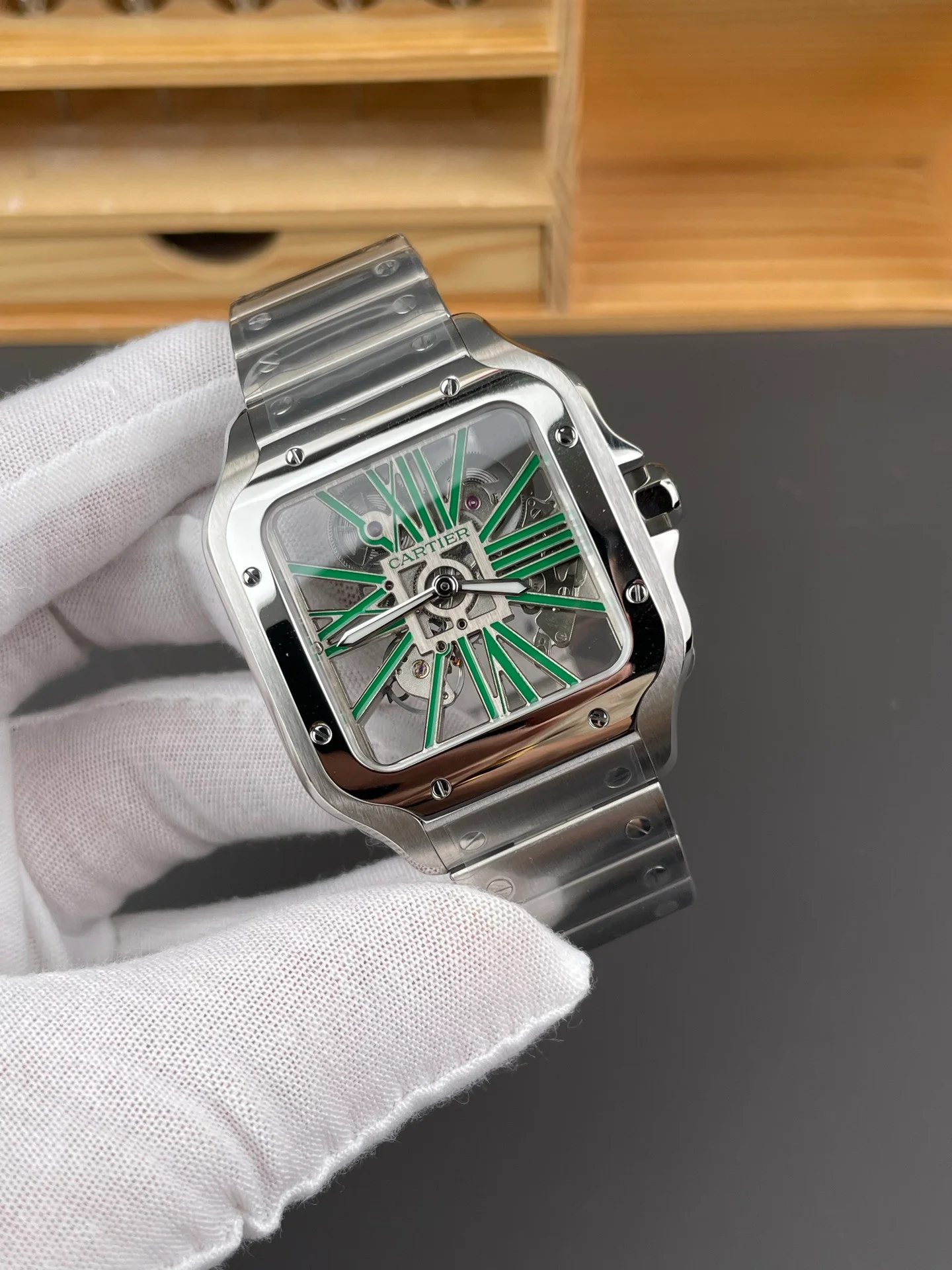 Santos Skeleton Series Steel Watch with Green Hands