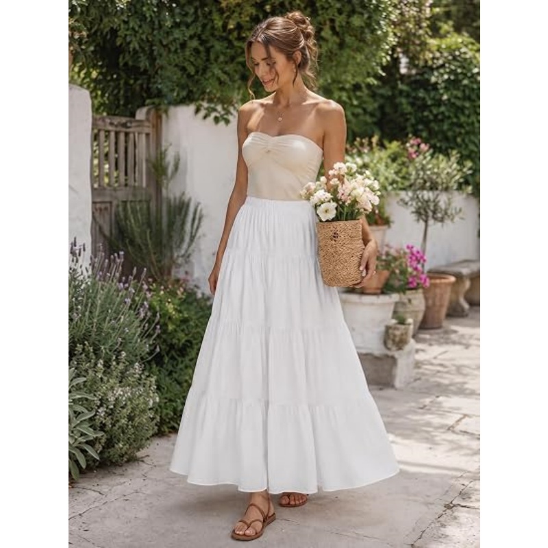 Women's White Boho High Waist Maxi Skirt, Pleated Tiered A‑Line