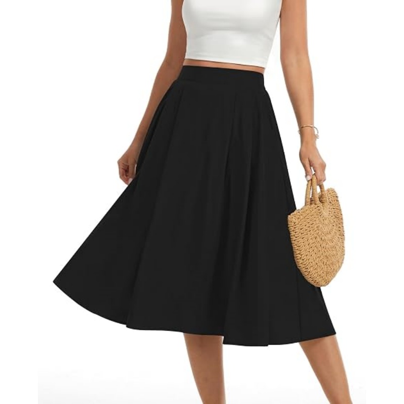 Women's Pleated High Waist A‑Line Midi Flowy Skirt with Pockets