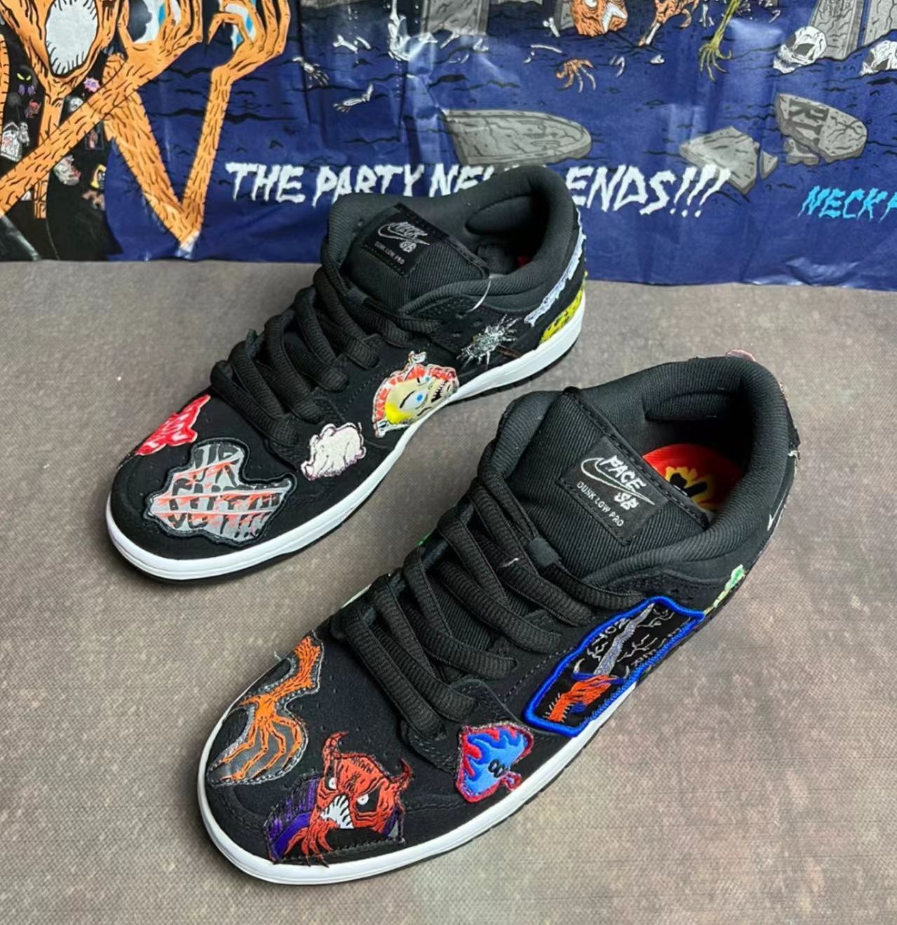 Nike Dunk Low Black Suede Multi Tattoo Patch Embroidery White Midsole