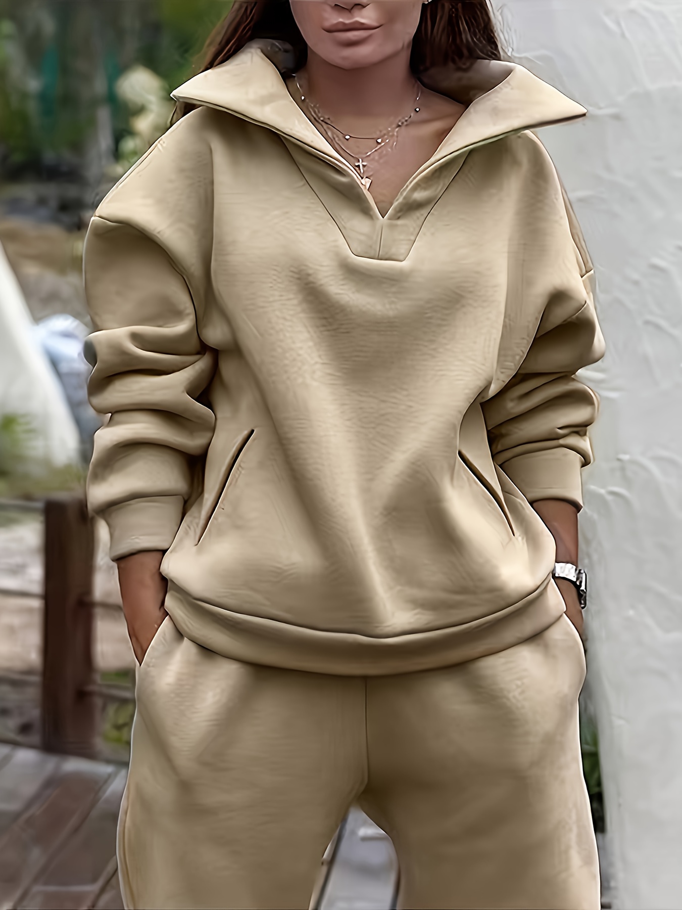 Plus Size Solid Two-Piece Set – Casual Stand Collar Long Sleeve Sweatshirt and Sweatpants Outfits