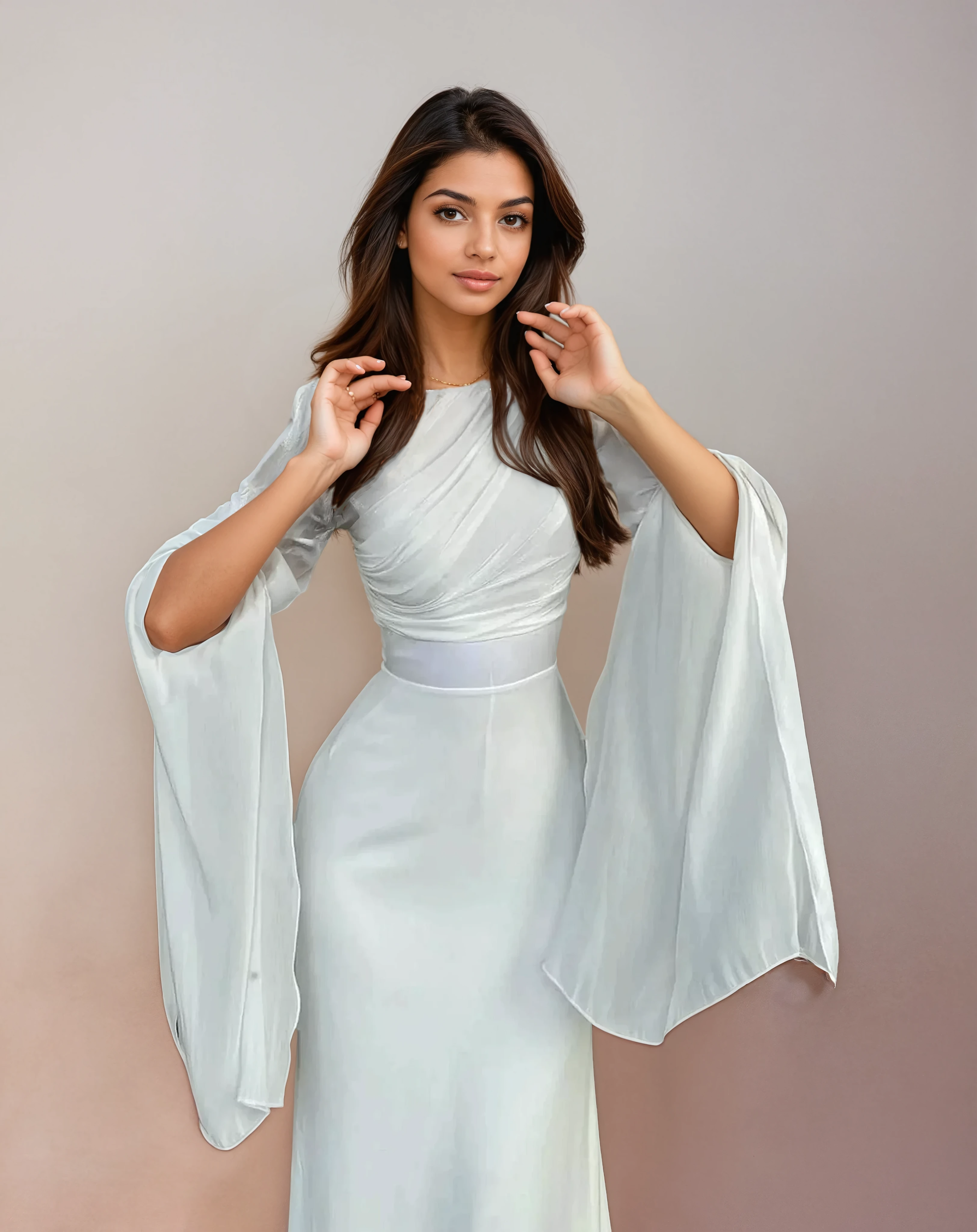 Classic White Modest Satin Maxi Dress – Long Silhouette with Split Sleeves