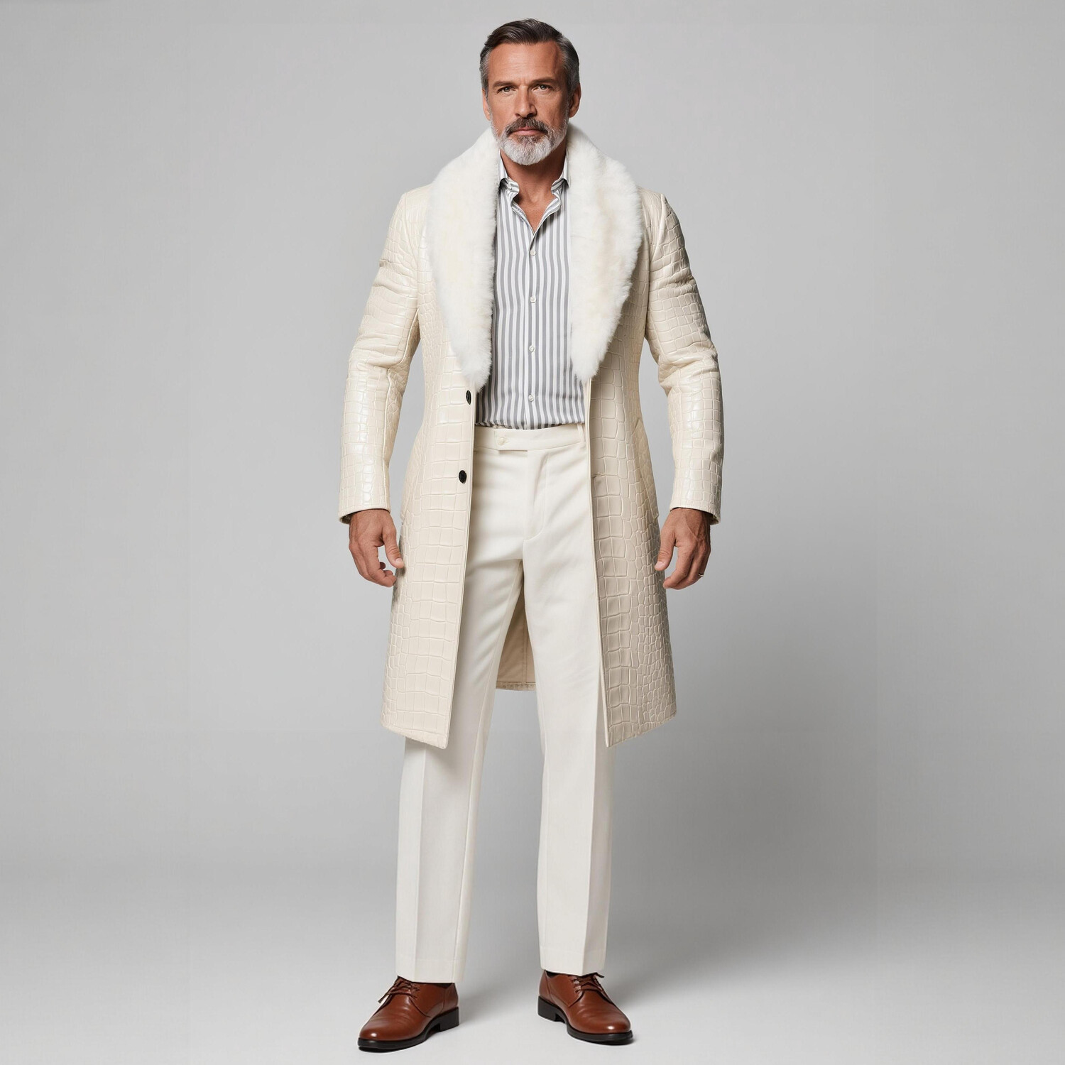 Men's Business Beige Fur Collar Long Sleeve Two Button Mid-Length Crocodile PU Leather Overcoat