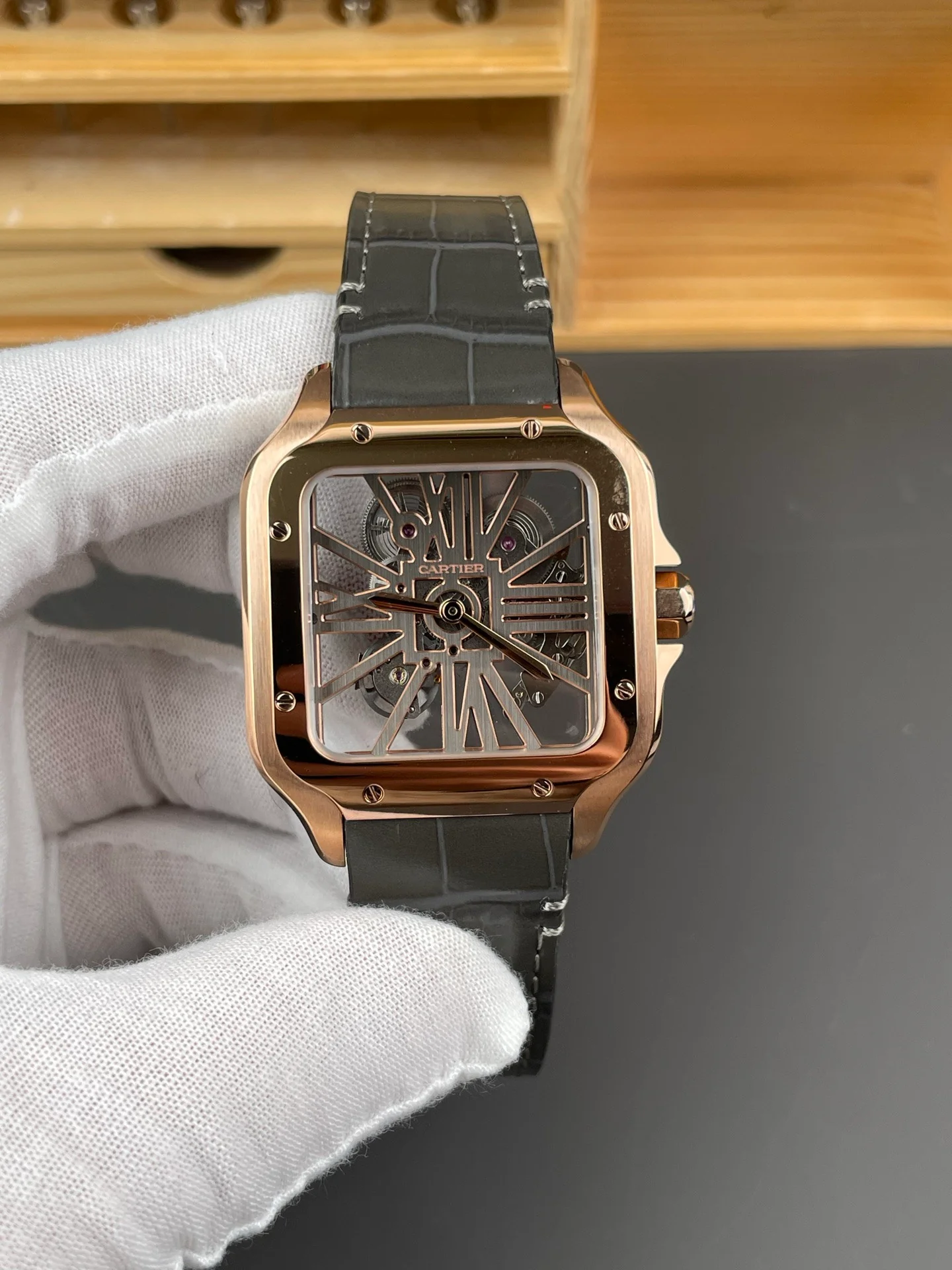 Santos Skeleton Series Leather Strap Rose Gold Dial
