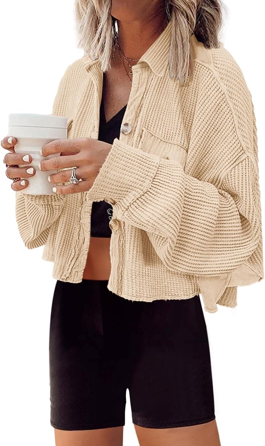 Vetinee Women’s Oversized Button Up Frayed Hem Shacket Long Sleeve Pockets Denim Jean Jacket