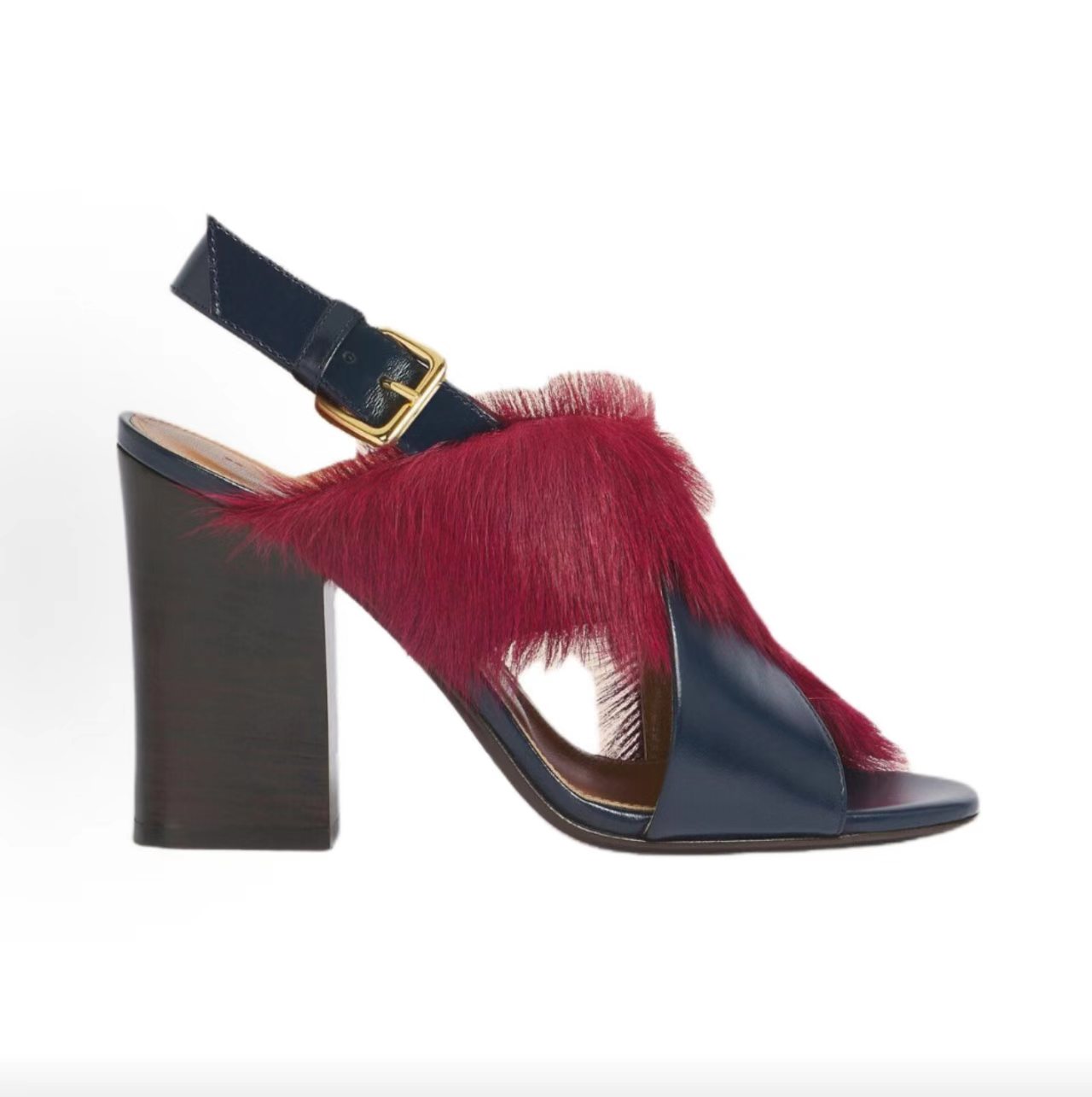 Marni Burgundy Haircalf Navy Leather Block Heel Slingback Sandals