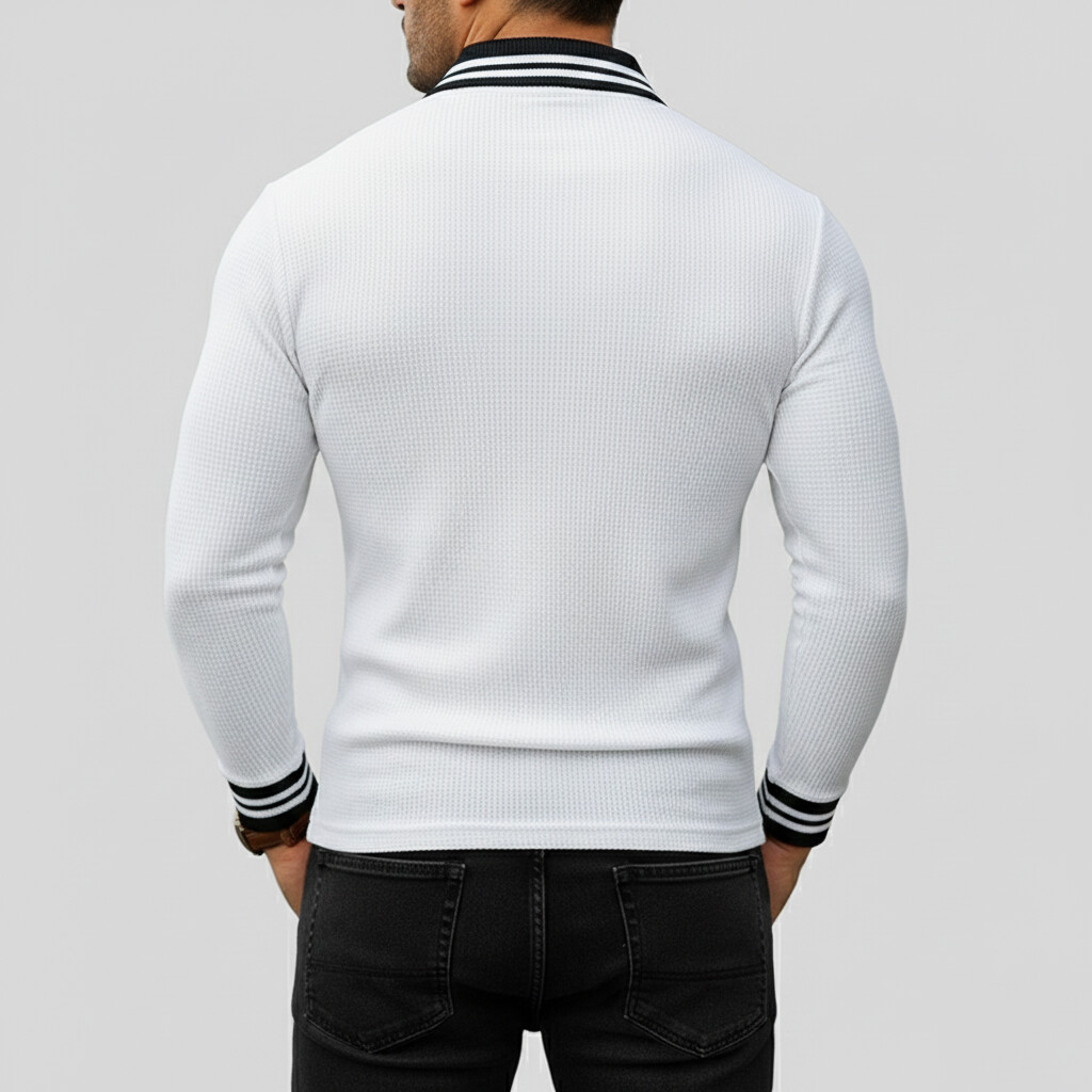 Men's White Waffle Contrast Striped Turndown Collar Half Button Long Sleeve Polo Shirts