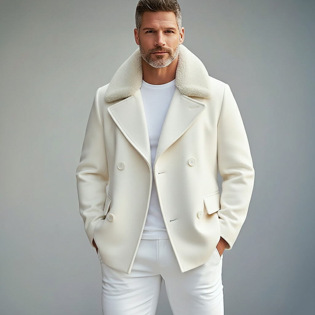 Men's Off White Plush Collar Double Breasted Long Sleeve Coat