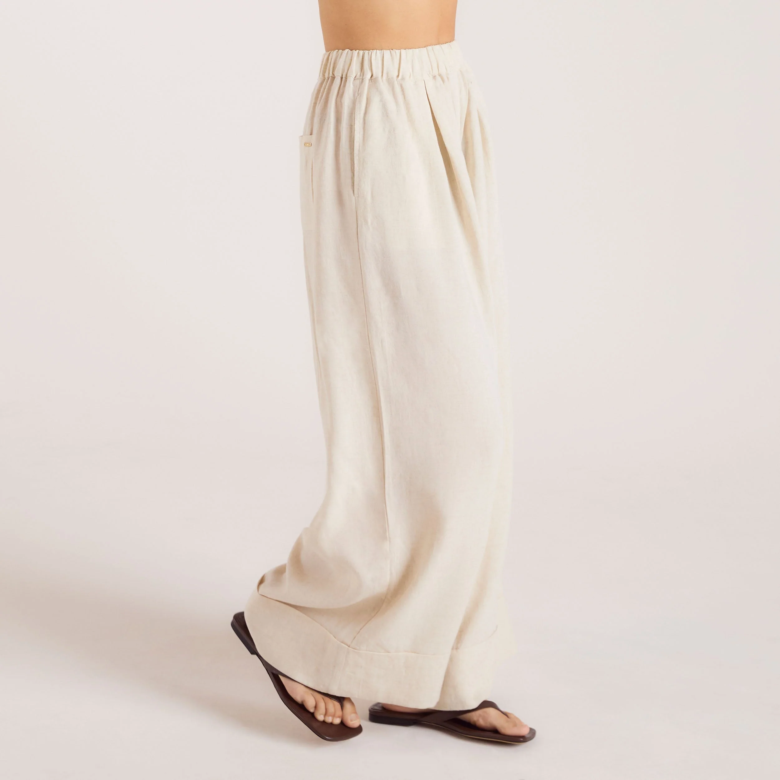 Linen Blend Wide-Leg Pants - Cream