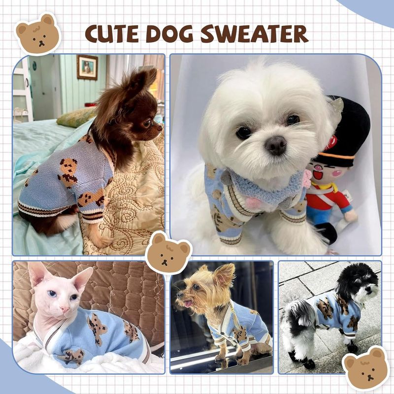 Small Dog Sweaters, Cute Bear Knitted Dog Cardigans, Clothes for Small and Medium Dogs, Soft Pet Puppy Cat Knitting Outfits, Fall/Winter Warm Boy Girl Dogs Knitwear Coat Apparel (Blue, X-Small)