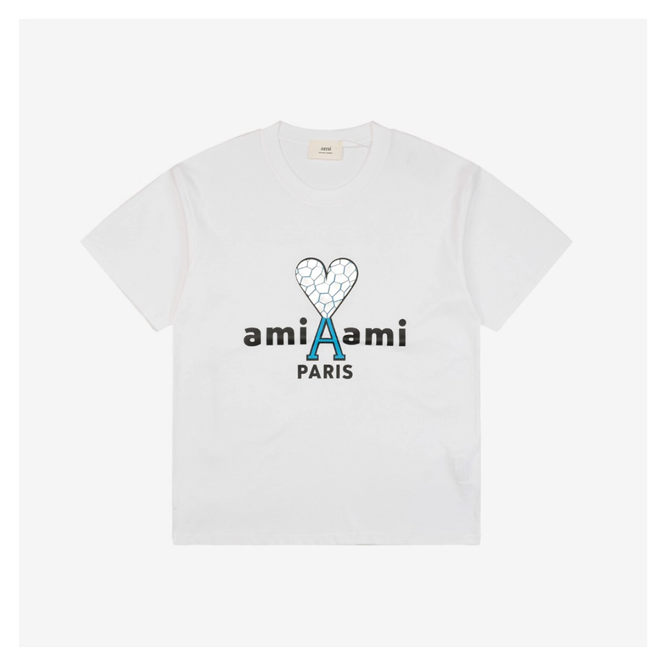 Ami Cracked Heart Logo Print T-Shirt (Black/White)