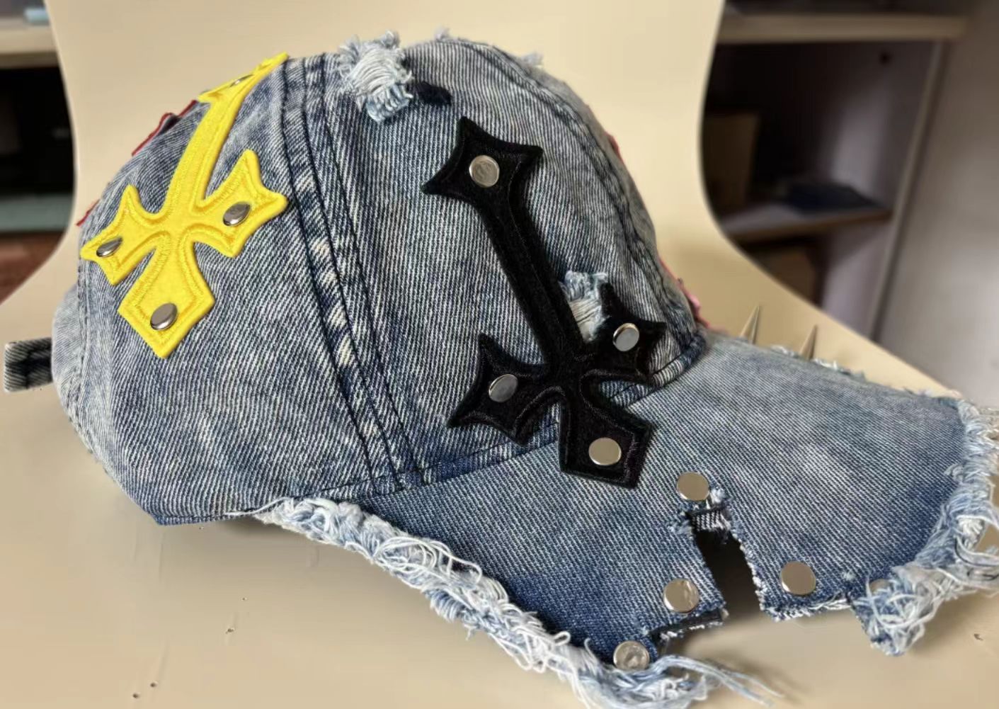 Vintage Washed Denim Baseball Cap with Cross Patches & Rivets