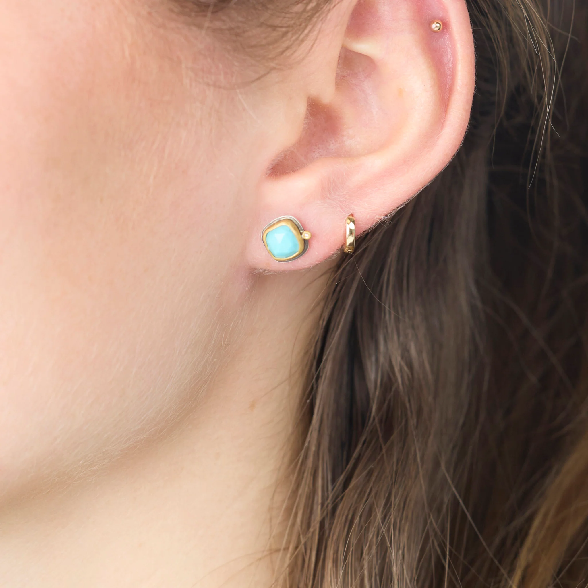 Rose Cut Turquoise Stud Earrings with Diamonds