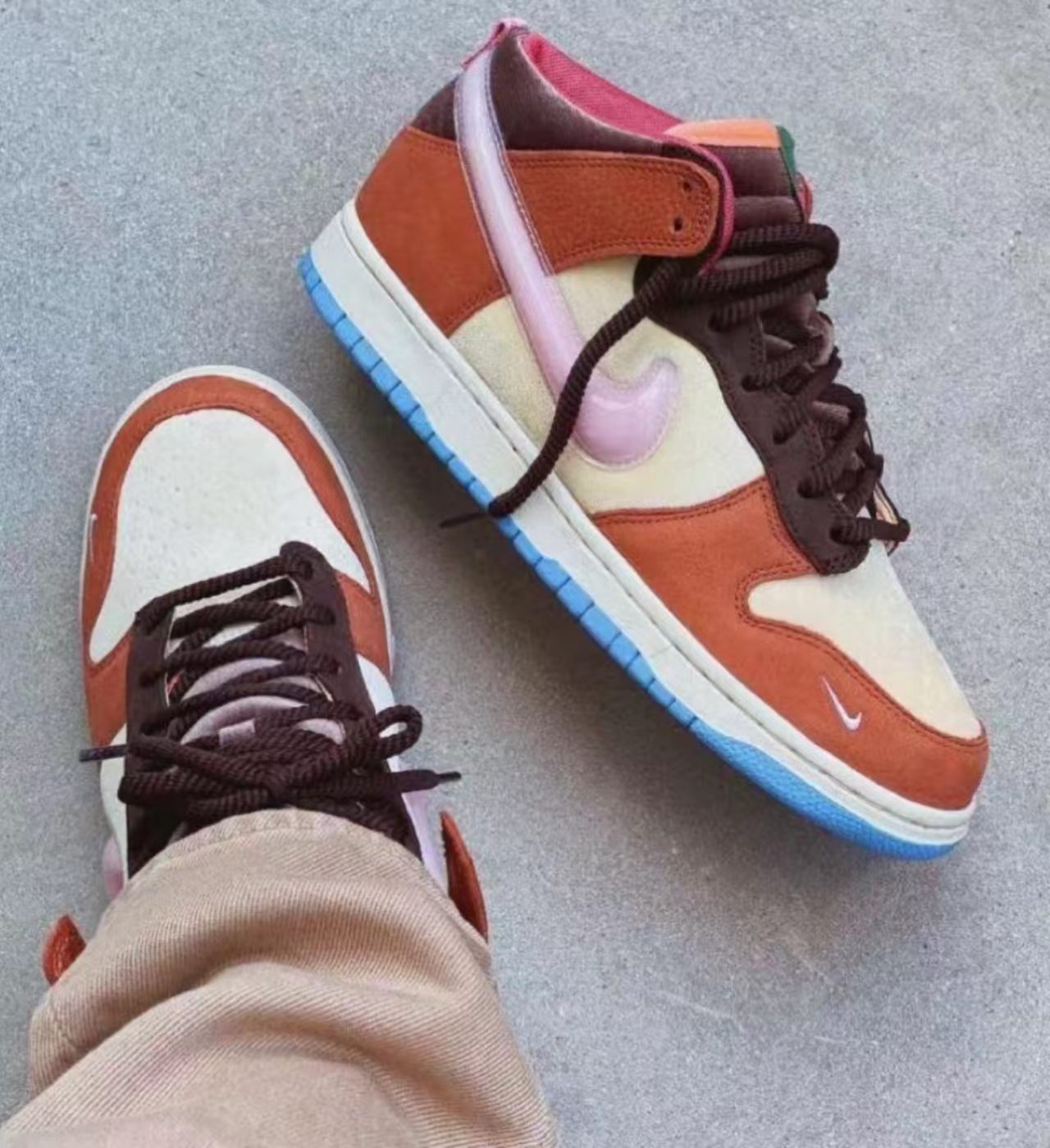 Nike Dunk Mid Multi Brown Suede Translucent Pink Swoosh Bright Blue Outsole